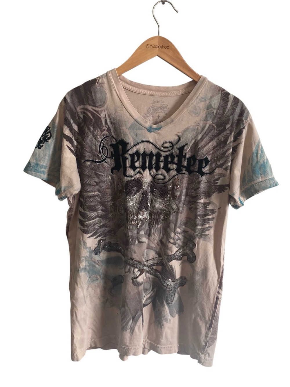 Remetee Men's Slim Fit V Neck Skull Y2k Jersey Shore Tee Size Medium